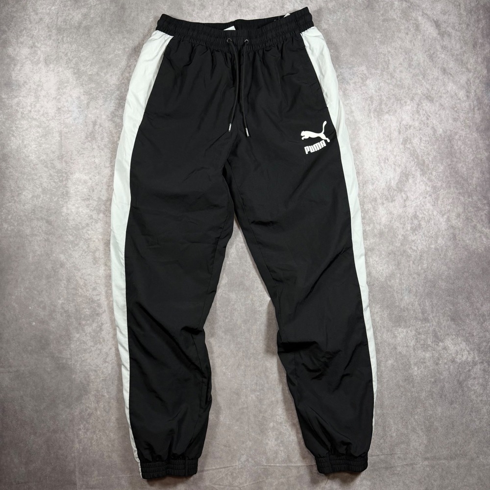 PUMA Womens M Black White Mesh Lined Nylon Track Pants Joggers
